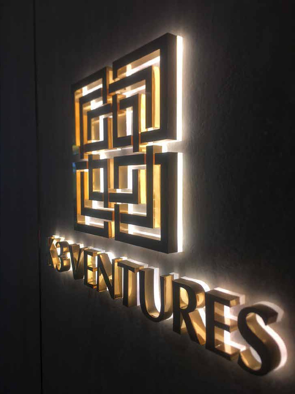 K3 Ventures — backlit logo · reception